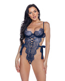 Roma Confidential Floral Embroidered Lace Teddy Navy Large featuring intricate floral lace design and elegant ties.