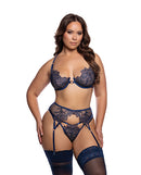 Roma Floral Embroidered Bra Panty Garter 3 pc Set Navy 1X displayed on a model showcasing elegant floral design.