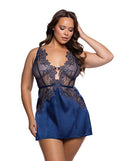 Lace & Mesh Floral Embroidered Chemise Navy 1X/2X on a model showcasing elegant floral embroidery and sheer mesh.