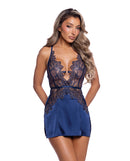 Lace & Mesh Floral Embroidered Chemise Navy S/M featuring delicate lace and sheer mesh design.