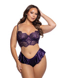 Roma Confidential Lace Bralette and Shorts Set Purple 2X featuring lace bralette and satin ruffle shorts in rich purple.