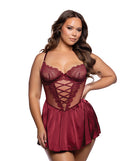 Roma Confidential Lace and Satin Crisscross Babydoll Wine 2X model showcasing crisscross detailing and elegant design.