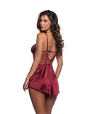 Lace & Satin Babydoll With Crisscross Detail Wine Large - Back view showcasing the elegant design and rich color.