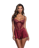 Roma Confidential Lace and Satin Crisscross Babydoll Wine XL model showcasing romantic lace and satin in rich wine shade.