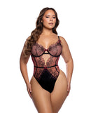 Floral Lace Underwire Cut Out Teddy Black/Wine 1X featuring delicate lace and supportive underwire in a romantic design.