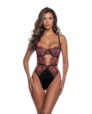 Floral Lace Underwire Cut Out Teddy Black/Wine XS displayed on a model, showcasing its romantic and bold style.