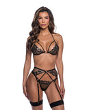 Roma Confidential Lace Bra Thong Garter Set Black Gold XL displayed on model showcasing lace and gold accents.