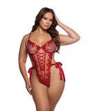 Ravishing Rouge Lace Up Teddy Red 2X featuring a bold red lace-up design and elegant detailing.