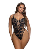 Floral Lace and Mesh Crisscross Teddy Black 1X featuring floral lace and sheer mesh for a romantic fit.