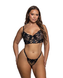 Intricate Floral Lace Underwire Bra and Panty Set Black 2X displayed on a model, showcasing elegant black lace and a flattering fit.