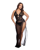 Sheer Desire Lace and Mesh High Slit Gown Black 1X/2X model wearing black lace and mesh design with high slit.