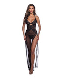 Sheer Desire Lace & Mesh Gown with High Side Slit Black S/M model showcasing elegant design and high slit.