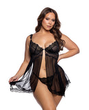 Lace and Mesh Open Front Babydoll Black 1X/2X showcasing a curvy model in an elegant black lace and mesh ensemble.