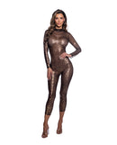 Wild Cheetah Sheer Mesh Long-Sleeve Catsuit Leopard XS displayed on model showcasing its bold animal print.