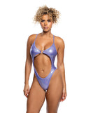 Shimmer Bodysuit with Heart Ring Lavender M/L displayed on model, showcasing its shimmering finish and heart ring detail.