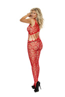 Elegant Moments Heart Net Open Crotch Bodystocking Queen Red worn by model showcasing its unique design.