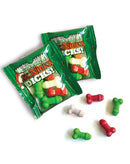 Suck a Bag of St Nicks Dicks Penis Candy 4 Gram Bag with colorful phallic-shaped candies and packaging.
