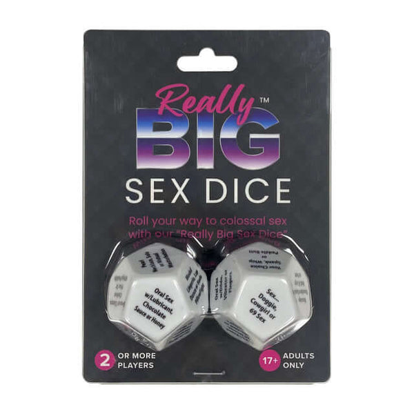 Packaging of Really Big Sex Dice, an adult party game with 12-sided dice for erotic activities and fun.
