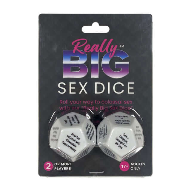 Packaging of Really Big Sex Dice, an adult party game with 12-sided dice for erotic activities and fun.