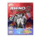Rhino 69 Honey supplement box promoting male vitality, stamina, and energy; designed for all-day performance.