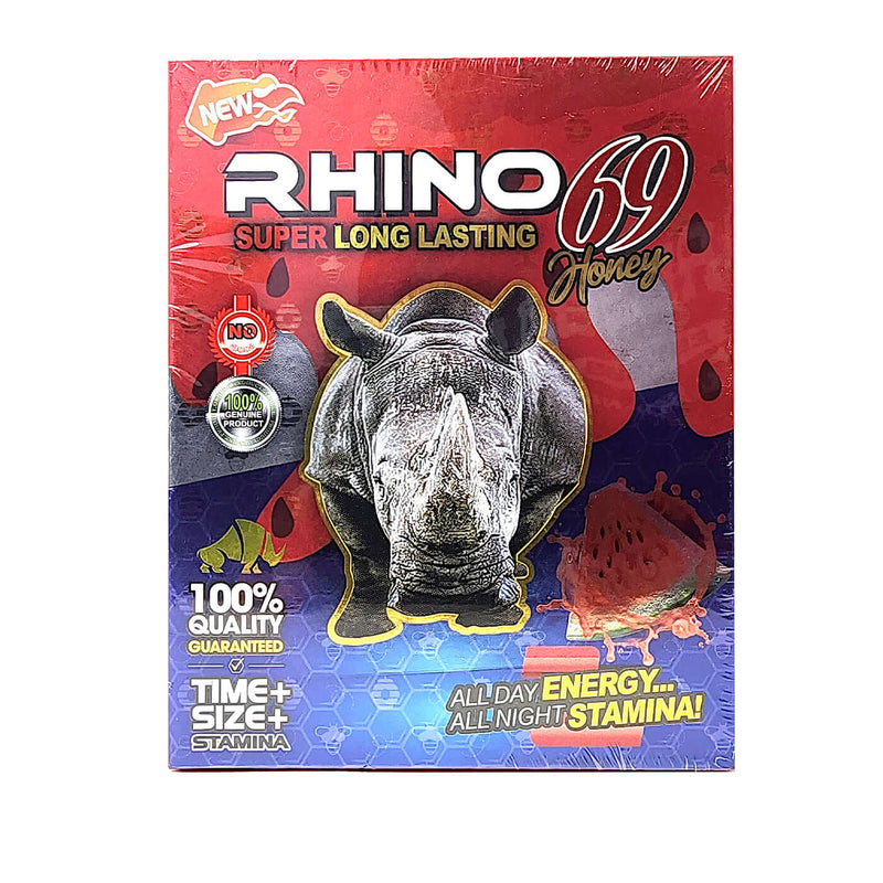 Rhino 69 Honey supplement box promoting male vitality, stamina, and energy; designed for all-day performance.