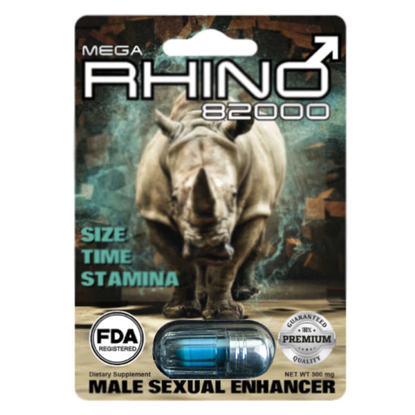 Mega Rhino 82000 herbal supplement package with a rhinoceros image, promoting stamina and energy. FDA registered.
