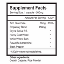 Supplement facts for Rhino 66000 mg capsules showing ingredients and serving size for men's vitality and stamina.