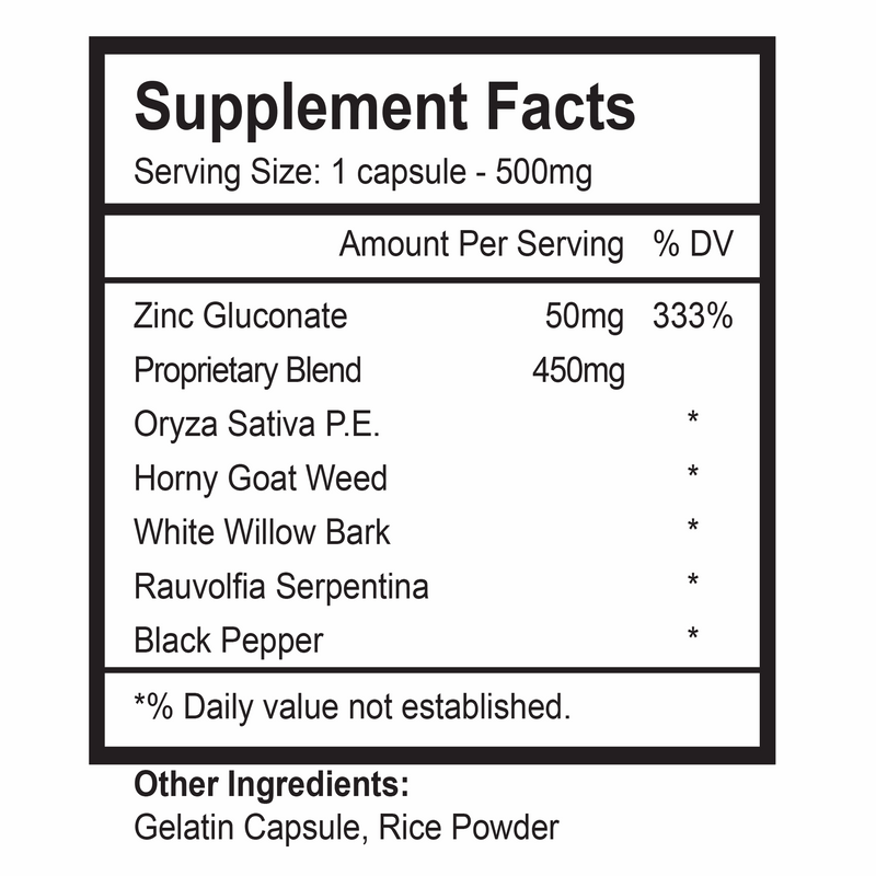 Supplement facts for Rhino 66000 mg capsules showing ingredients and serving size for men's vitality and stamina.
