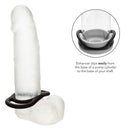 Alpha Liquid Silicone Commander Ring in black, enhancing endurance and pleasure, shown fitting securely on a clear cylinder base.