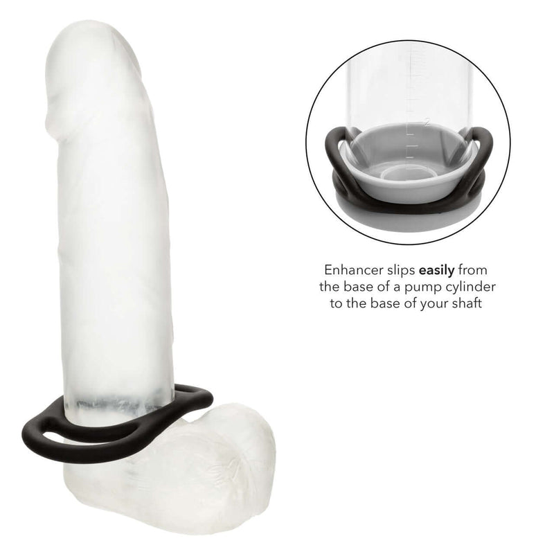 Alpha Liquid Silicone Commander Ring in black, enhancing endurance and pleasure, shown fitting securely on a clear cylinder base.