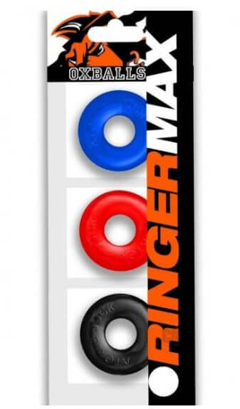 Oxballs Ringer Max 3 Pack Cockrings in blue, red, and black packaging