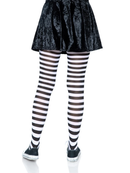 Leg Avenue Jada Nylon Striped Tights Black White One Size worn with a black skirt and sneakers, showcasing bold stripes.