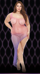 Lapdance Violet Sky Off the Shoulder Mini Dress Queen Size on model showcasing its striking ombré mesh design.