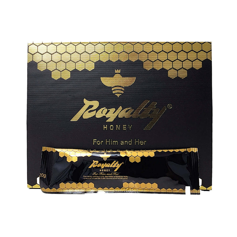 Royalty Honey 3 Pack Herbal Honey Blend for Vitality, featuring elegant packaging and single-use honey packets.