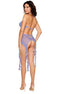 Woman modeling DreamGirl Lavender Haze Ruffle Bralette and Garter Belt Set with back view of ruffle halter bralette, garter belt, and G-string.