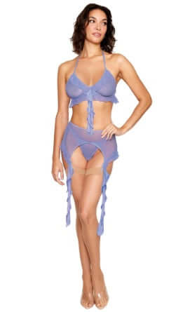 Woman modeling DreamGirl Lingerie's Ruffle Bralette & Garter Belt Set in Lavender Haze with a flounce ruffle halter bralette and wide garter belt.
