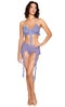 Woman modeling DreamGirl Lingerie's Ruffle Bralette & Garter Belt Set in Lavender Haze with a flounce ruffle halter bralette and wide garter belt.