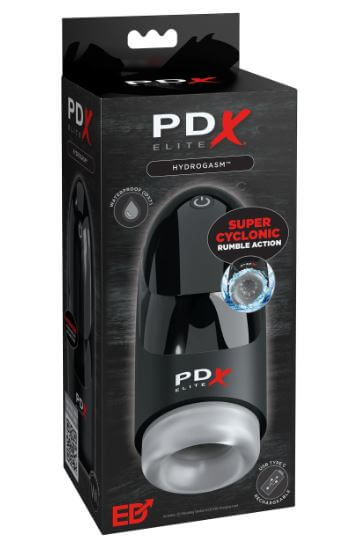 PDX Elite HydroGasm packaging, showcasing 3 speeds of super cyclonic rumbling action for intense stimulation and unmatched pleasure.