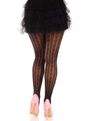 Leg Avenue Sweetheart Striped Net Tights Black OS worn with a ruffled black skirt and pink high heels.