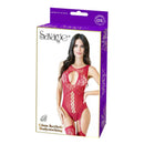 Glam Keyhole Bodystocking Lingerie in red packaging, featuring a model showcasing the design and details of the bodystocking.