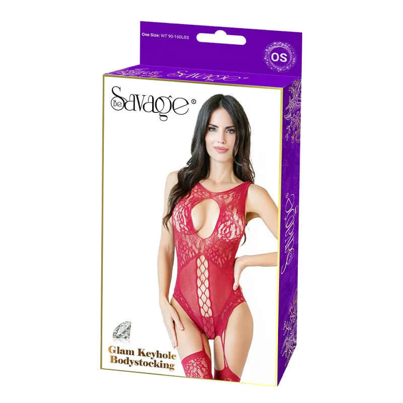 Glam Keyhole Bodystocking Lingerie in red packaging, featuring a model showcasing the design and details of the bodystocking.