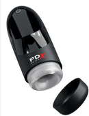 PDX Elite HydroGasm - Clear/Black with cap removed, showcasing the innovative cyclonic action design for intense stimulation.