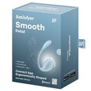 Satisfyer Smooth Petal G-Spot Vibrator Light Blue packaging featuring app connectivity and ergonomic design.