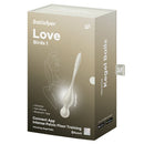 Satisfyer Love Birds 1 Vibrating Kegel Balls White packaging showcasing features and app connectivity for pelvic floor training.