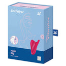 Packaging of Satisfyer High Fly Finger Vibrator Red, featuring a sleek design and detailed illustrations.