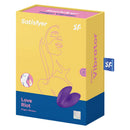 Satisfyer Love Riot Finger Vibrator Purple product packaging with vibrant colors and unique design.