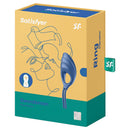 Satisfyer Swordsman Vibrating Cock Ring Blue packaging showcasing product features and design.