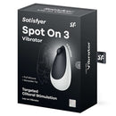 Satisfyer Spot On 3 Clitoral Vibrator Black packaging showcasing targeted clitoral stimulation and full silicone design.