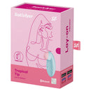 Satisfyer Tropical Tip Lay-On Vibrator Light Blue compact packaging showcasing its tropical design and Bluetooth features.