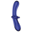 Satisfyer Double Crystal Glass Dildo Blue showcasing its smooth design and vibrant blue color.